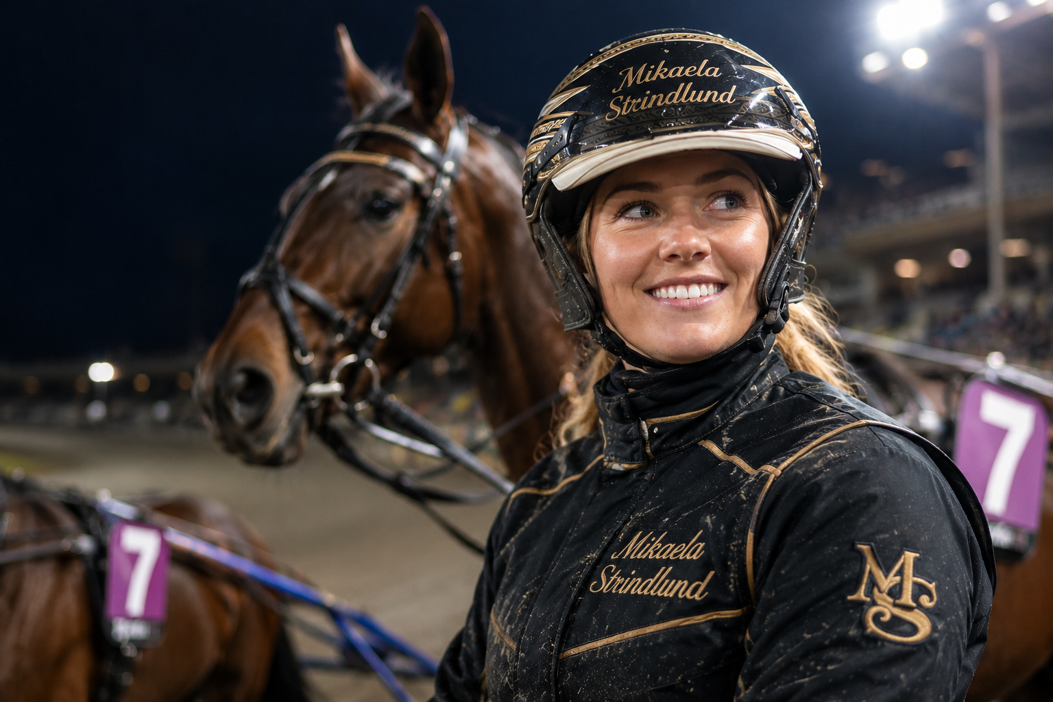 Kusken Mikaela Strindlund ler bredvid sin häst på Nordbanan